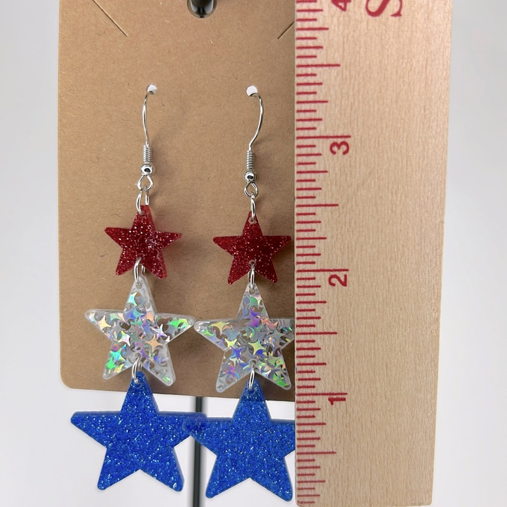 Acrylic Red White and Blue Star Hook Earrings 4th of July Fashion Jewelry - Picture 2 of 3